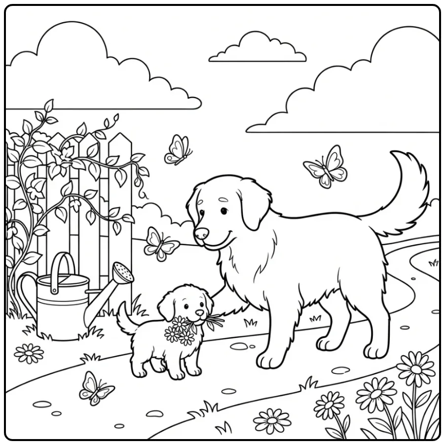 Golden Retriever Mother Teaching a Puppy to Carry Flowers coloring page