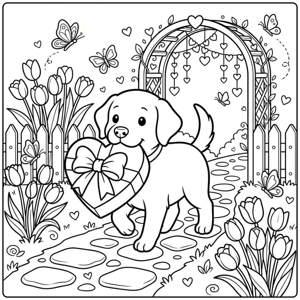 Puppy Heart Gift with Flowers coloring page