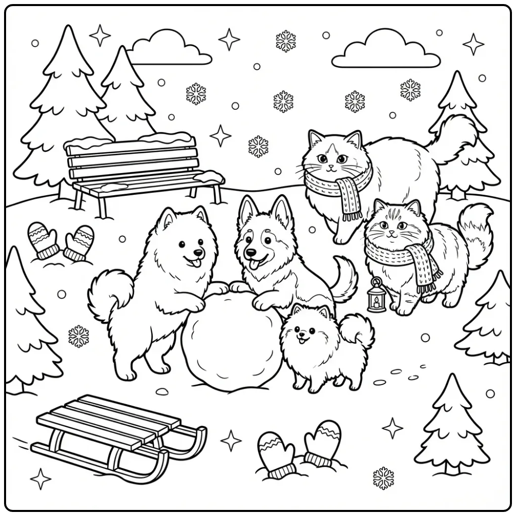 Puppies and Kittens Rolling a Snowball in the Winter Park coloring page