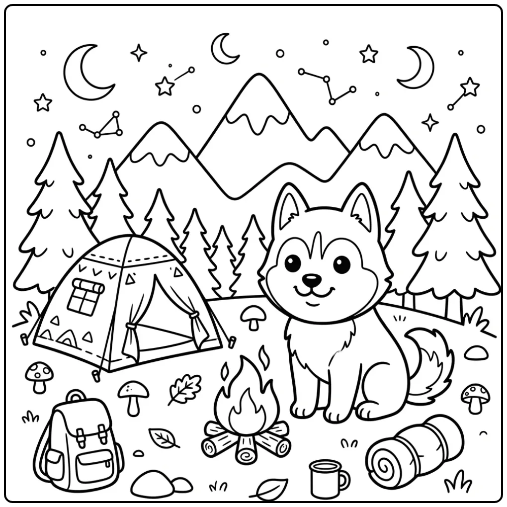 Husky Puppy Camping by a Campfire coloring page