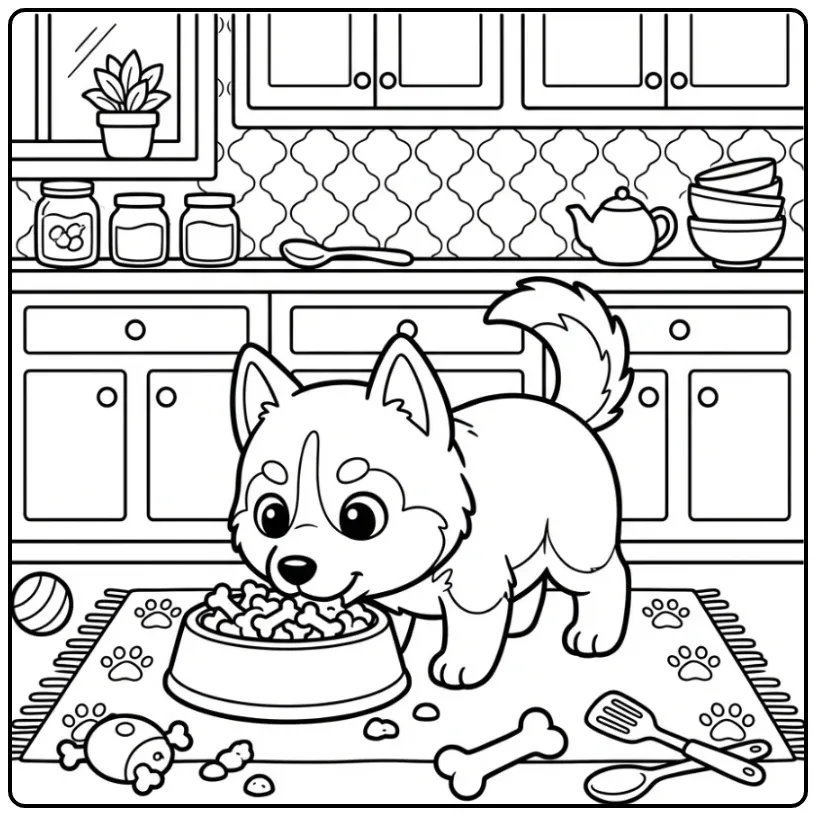 Husky Puppy by a Food Bowl in the Kitchen coloring page