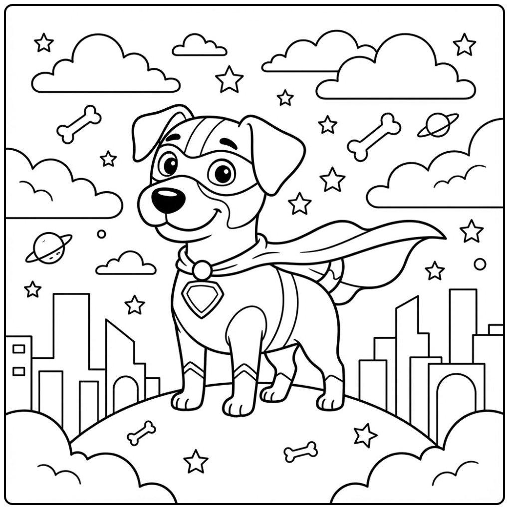 Superhero Jack Russell Flying Over the City coloring page