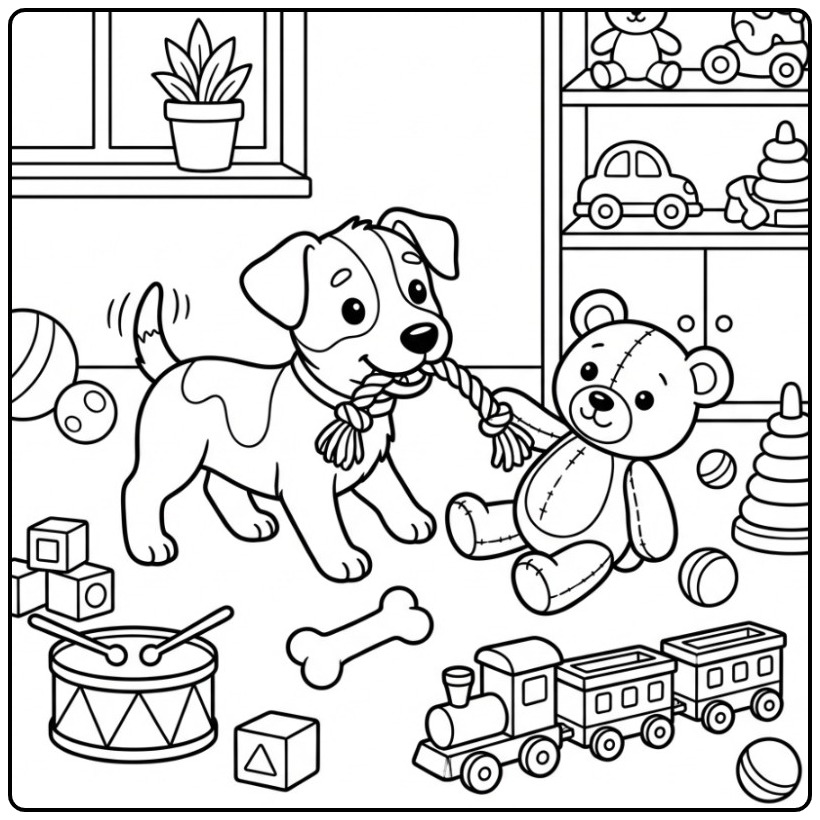 Jack Russell Puppy Playing Tug with a Teddy Bear coloring page
