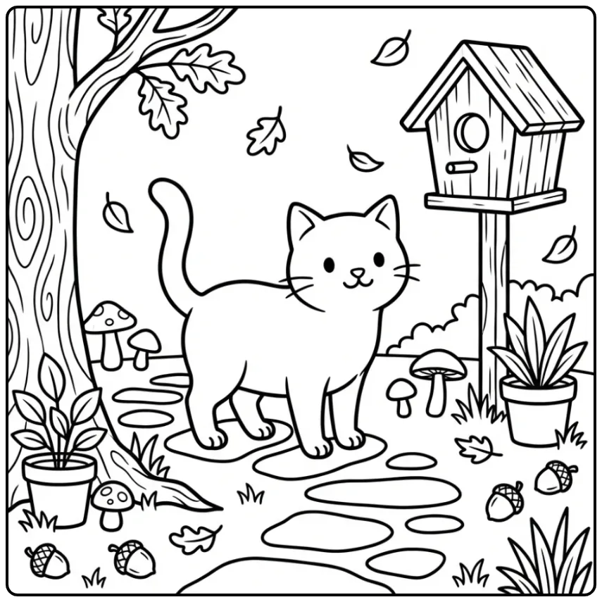 Cat coloring page on a path with acorns and a birdhouse