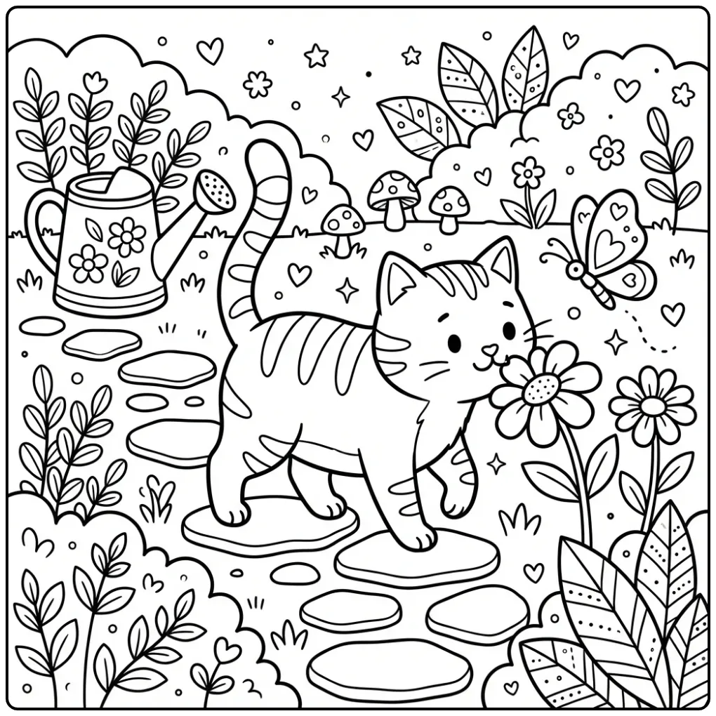 Cat coloring page walking on a garden path