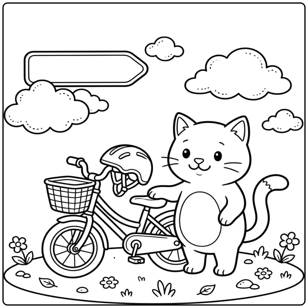 Cat coloring page with a bicycle and helmet