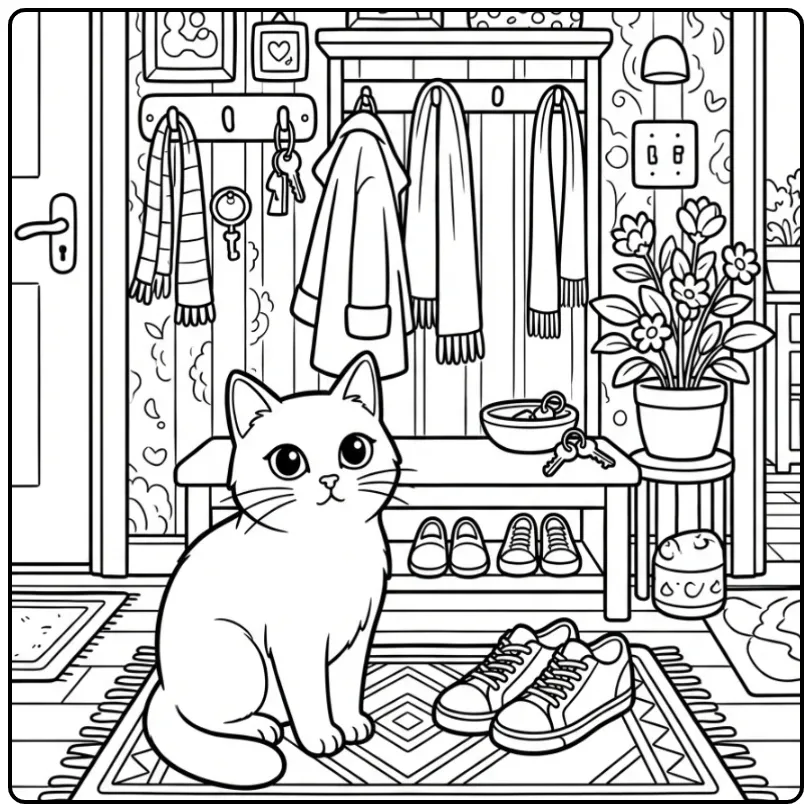 Cat coloring page sitting on a hallway mat