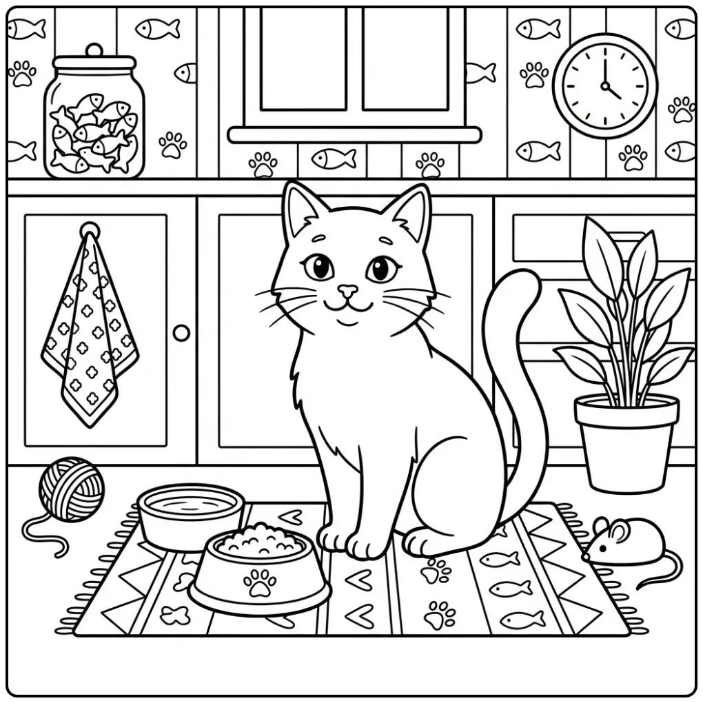 Cat coloring page sitting beside food bowls