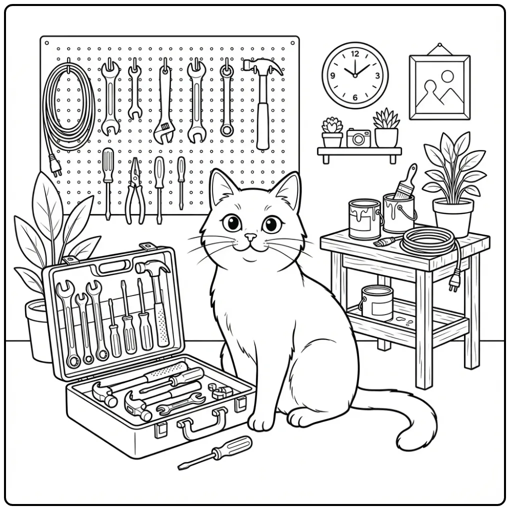 Cat coloring page beside an open toolbox