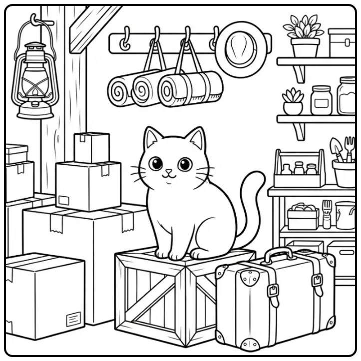 Cat coloring page on a crate in storage