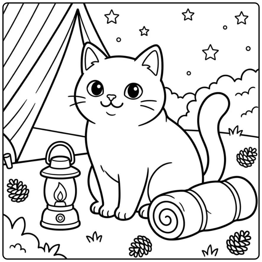 Cat coloring page camping with a lantern and sleeping bag