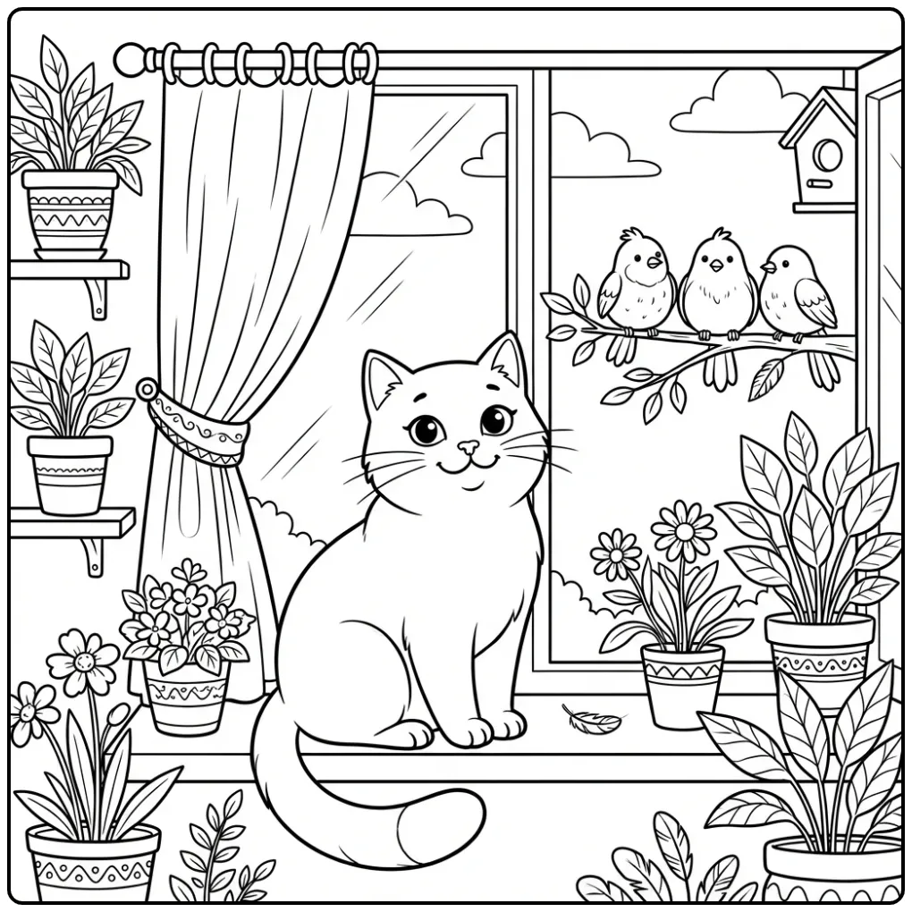 Cat coloring page on a windowsill with plants