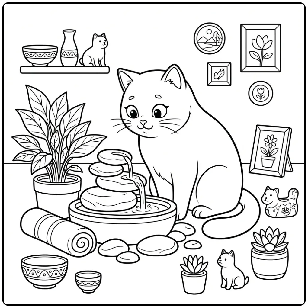 Cat coloring page by a small fountain with plants