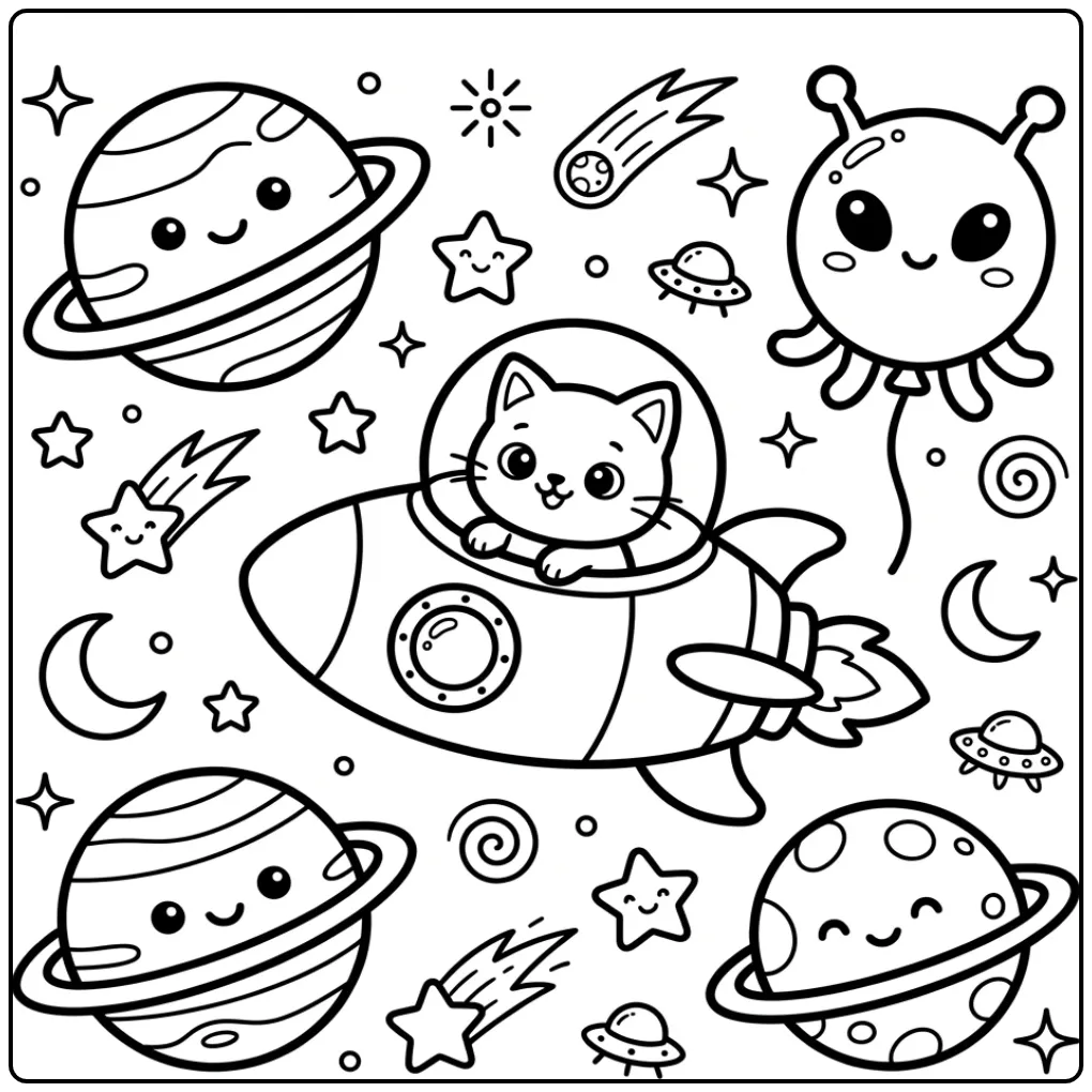 Easy Cat coloring page in space
