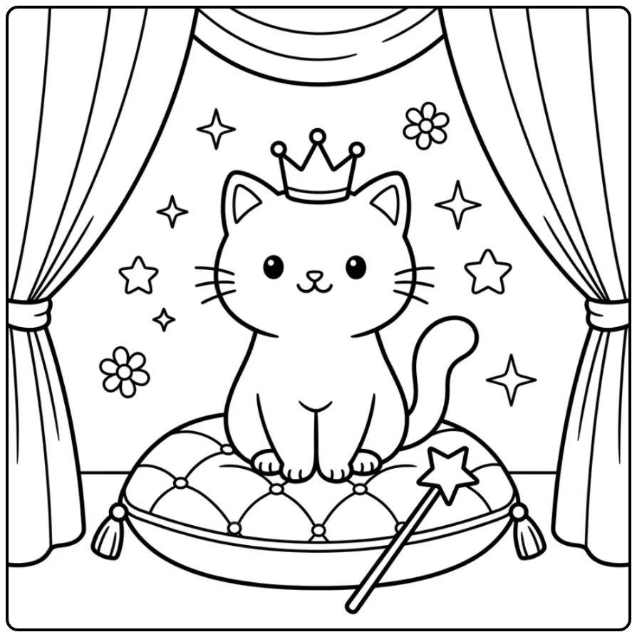 Easy Cat coloring page with kitten crown on a cushion