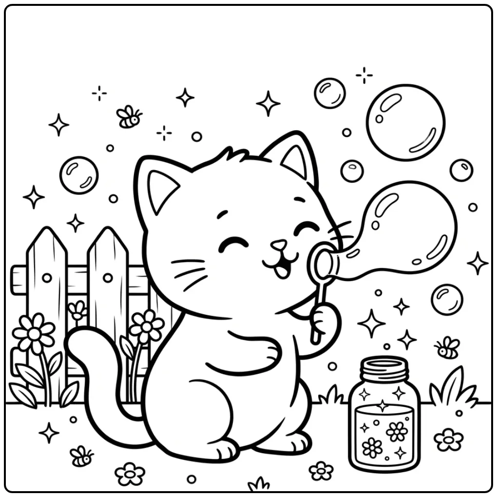 Easy Cat coloring page with big bubbles