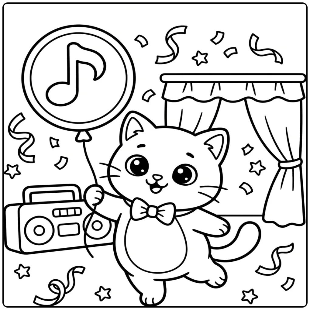 Easy Cat coloring page dancing with a music note balloon