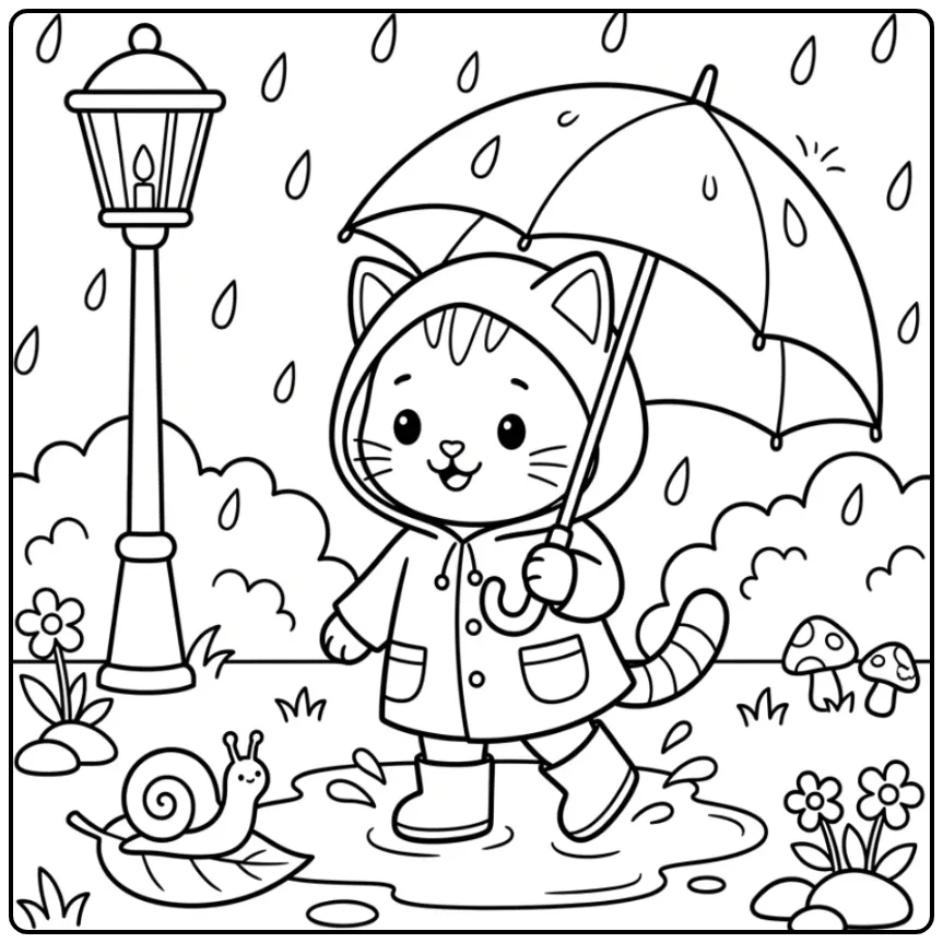 Easy Cat coloring page with umbrella in the rain
