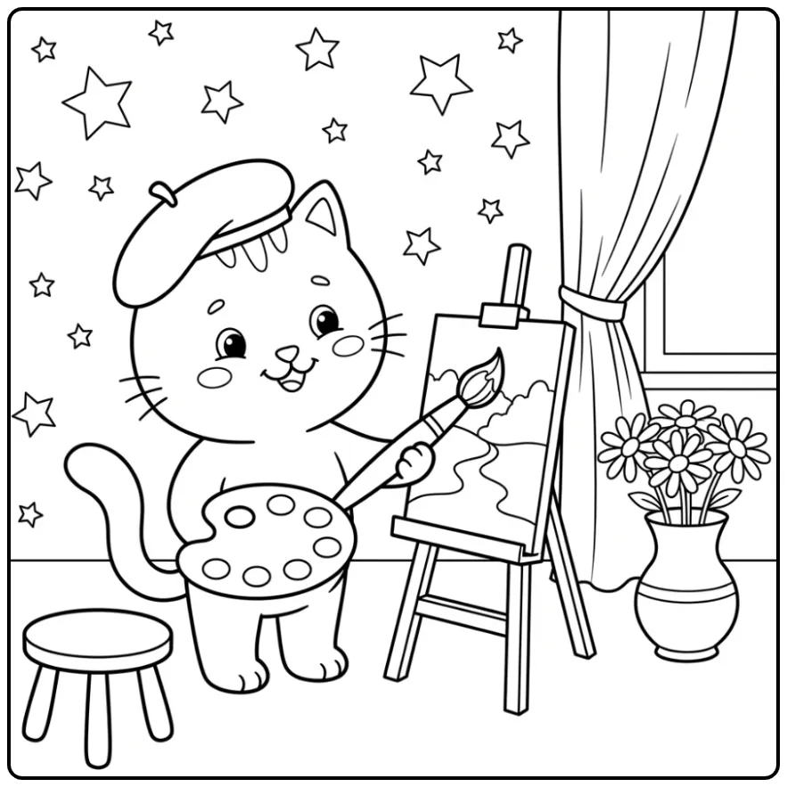 Easy Cat coloring page with easel and brush