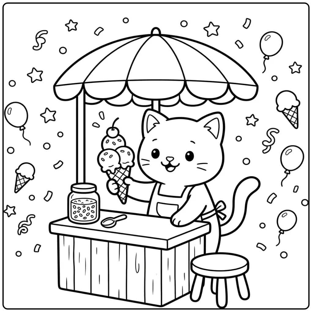 Easy Cat coloring page with ice cream