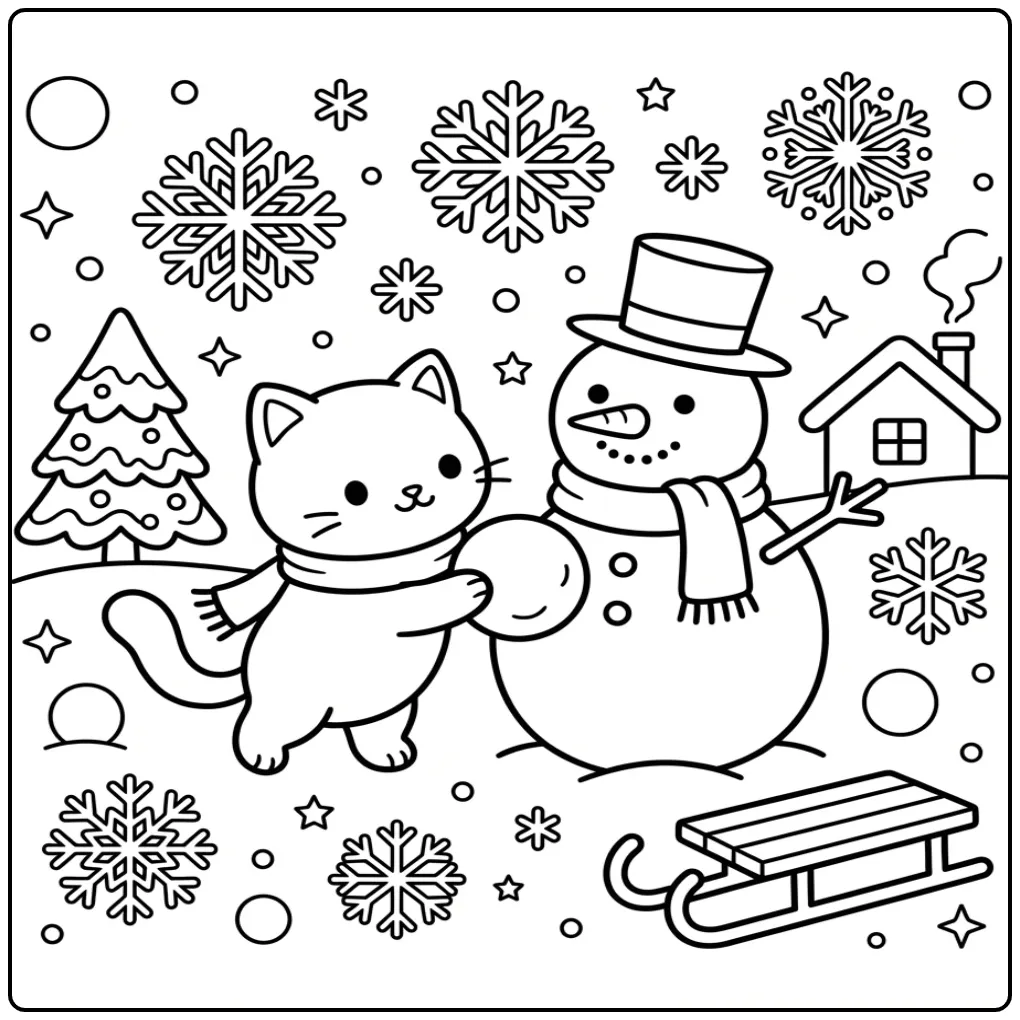 Easy Cat coloring page with a snowman