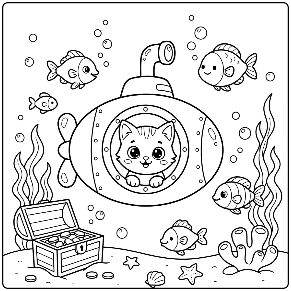 Easy Cat coloring page in a submarine underwater