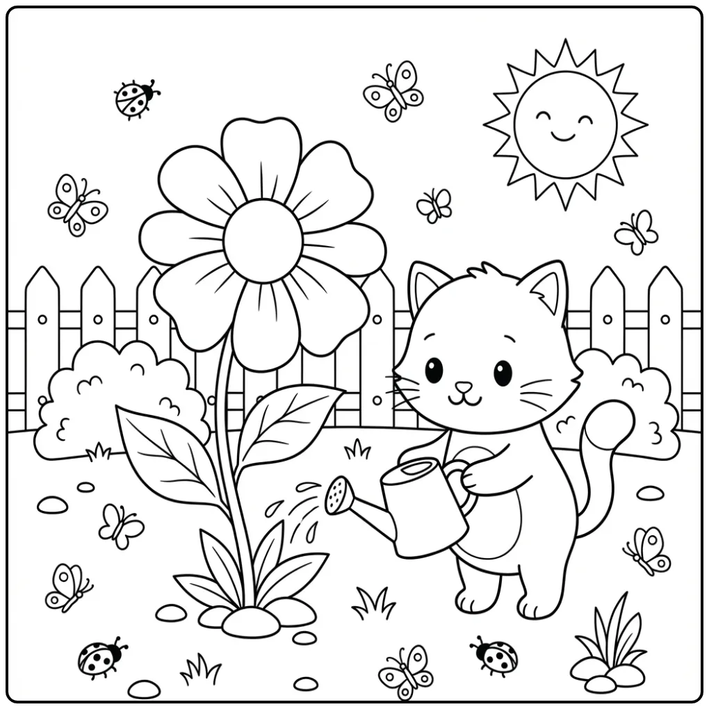 Easy Cat coloring page watering a flower