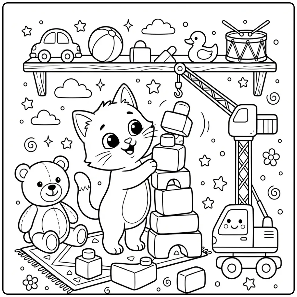 Easy Cat coloring page with a tower of blocks