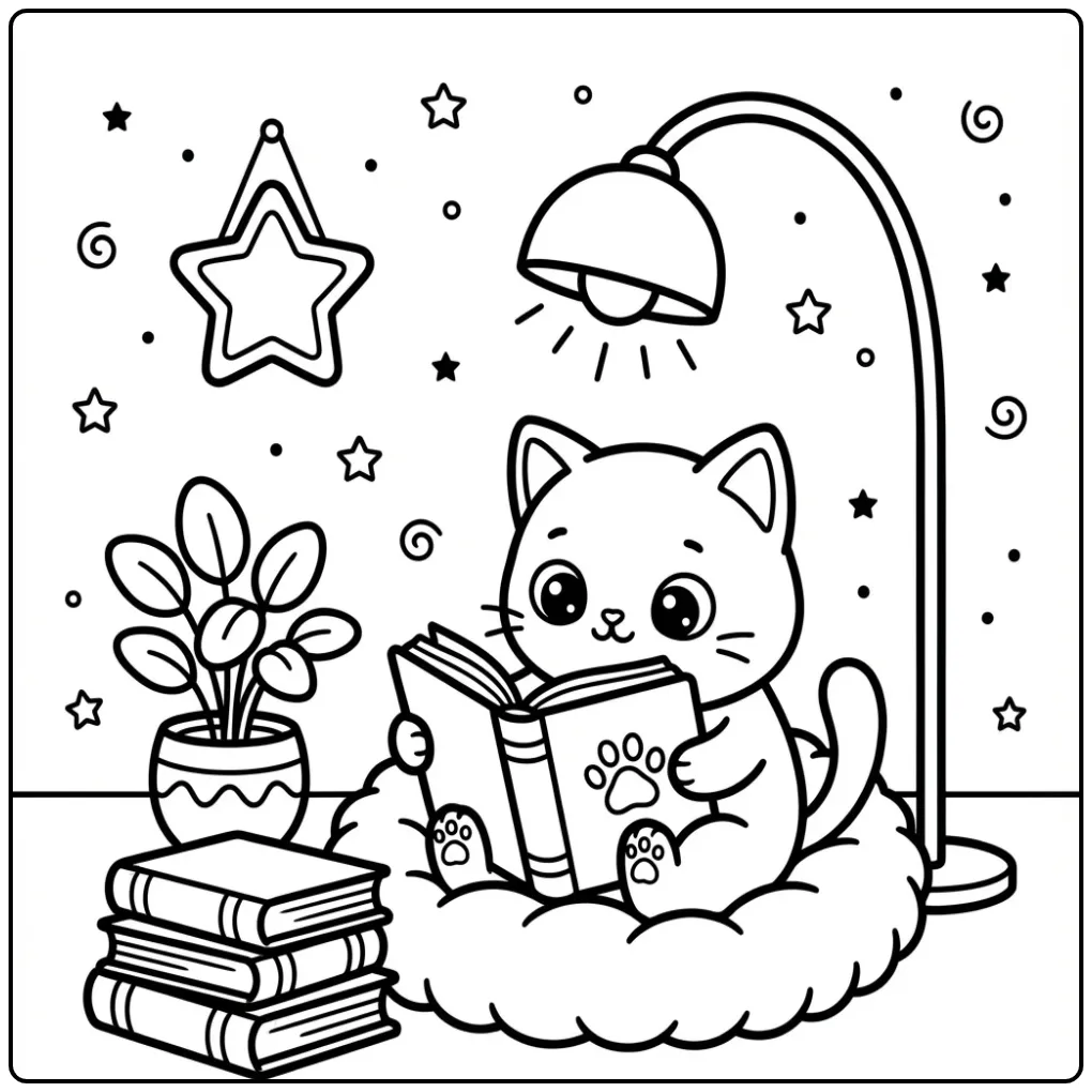 Easy Cat coloring page with a kitten and book