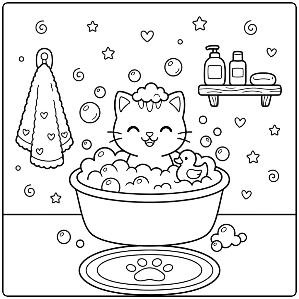 Easy Cat coloring page in a bath with a duck