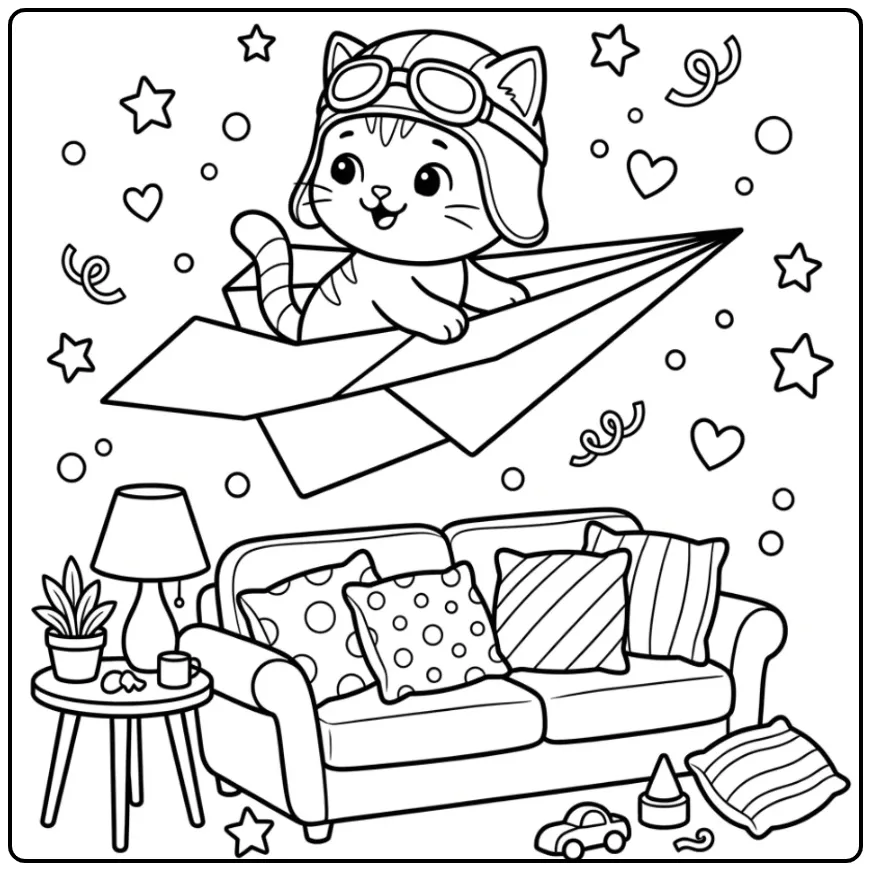 Easy Cat coloring page flying on paper