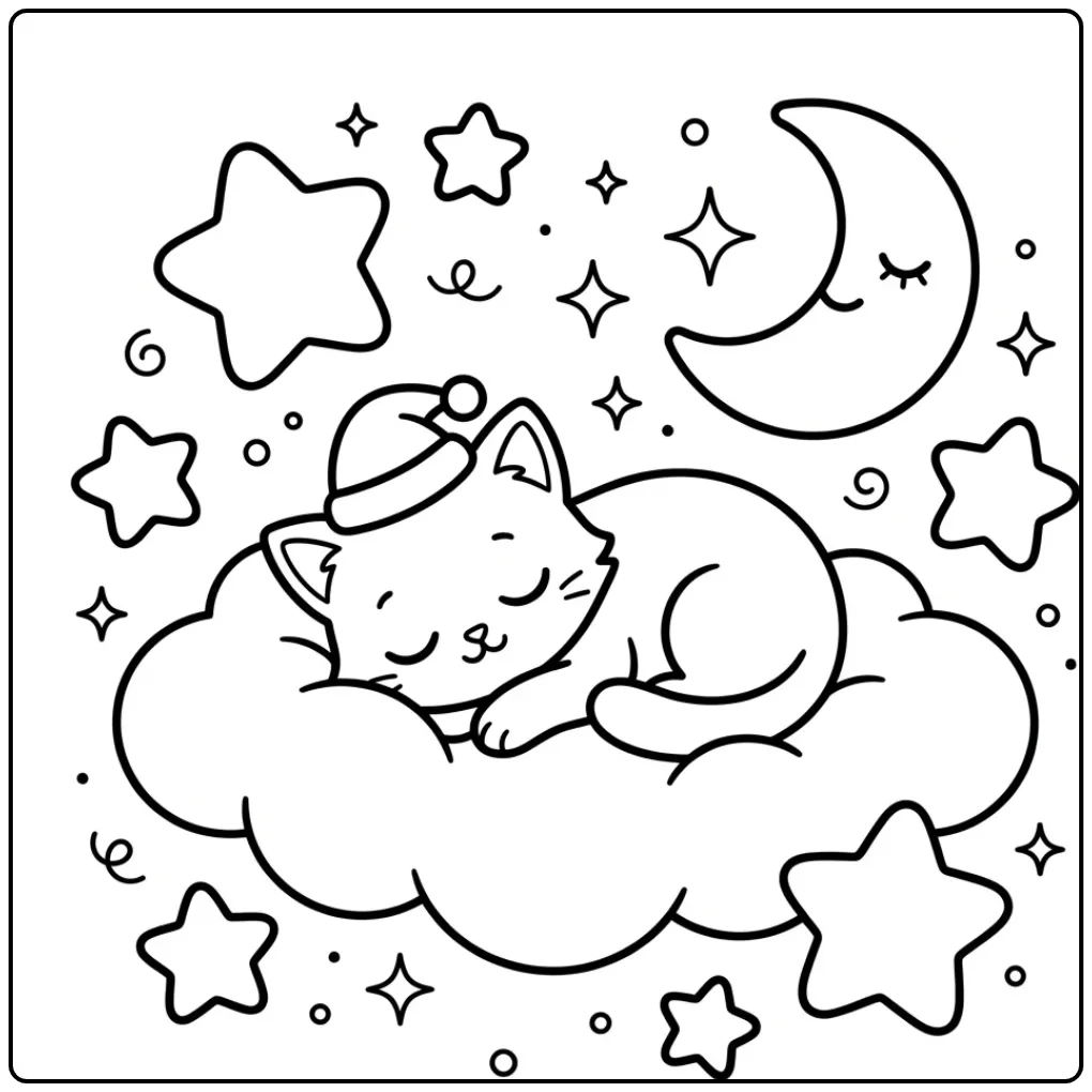 Easy Cat coloring page sleeping on a cloud