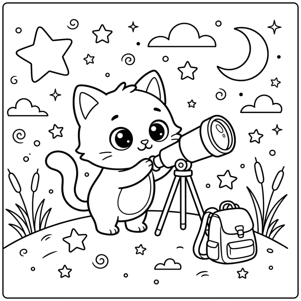 Easy Cat coloring page looking at the moon