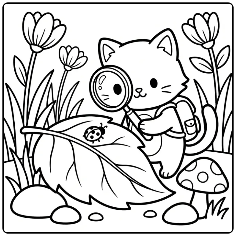 Easy Cat coloring page with backpack and magnifying glass