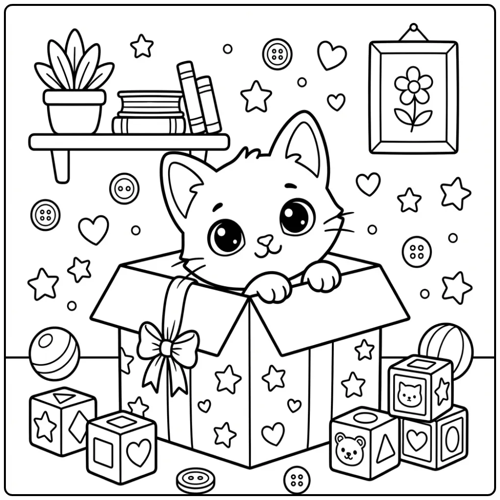 Easy Cat coloring page with a kitten in a box