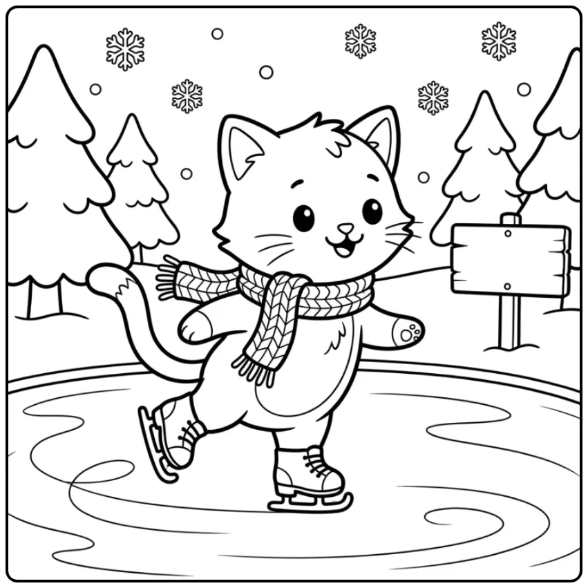 Easy Cat coloring page ice skating in winter