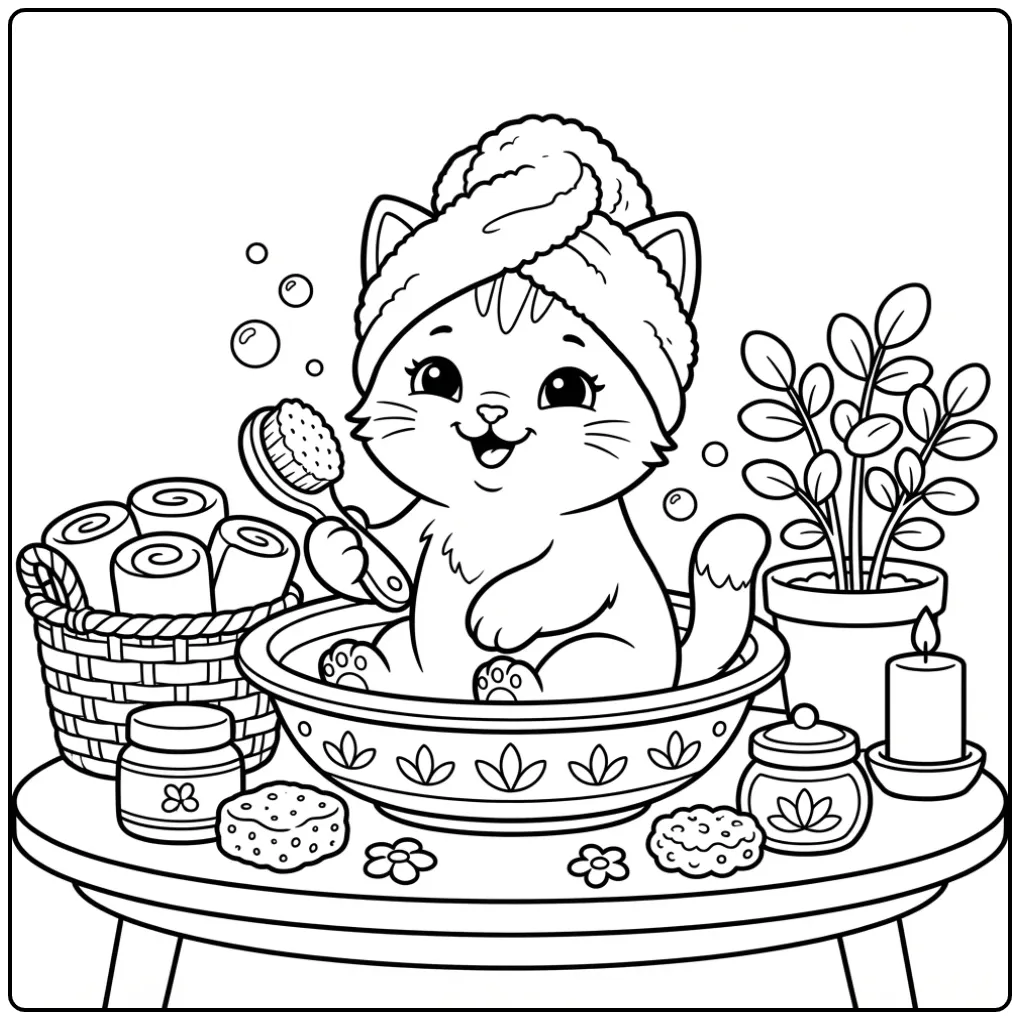 Easy Cat coloring page with a relaxed spa kitten