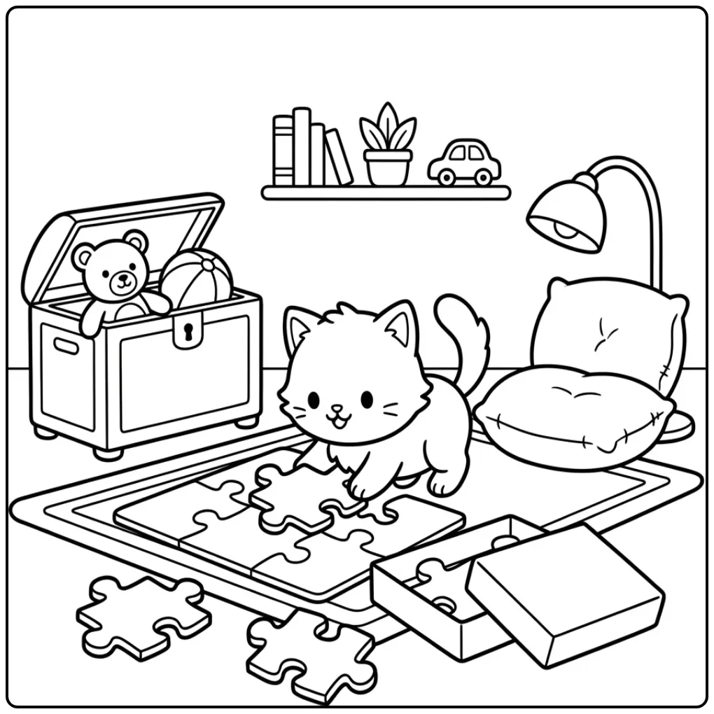 Easy Cat coloring page with a large puzzle
