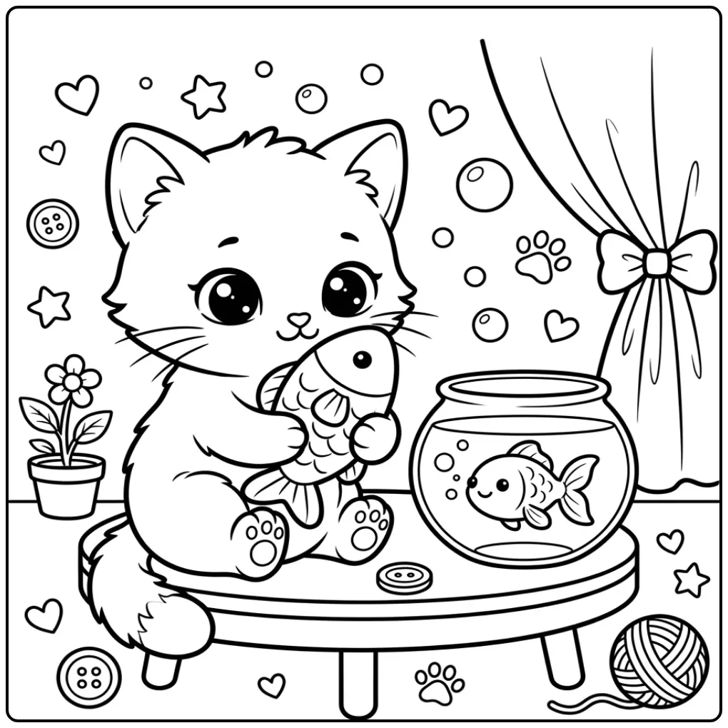 Easy Cat coloring page with a fishbowl and toy