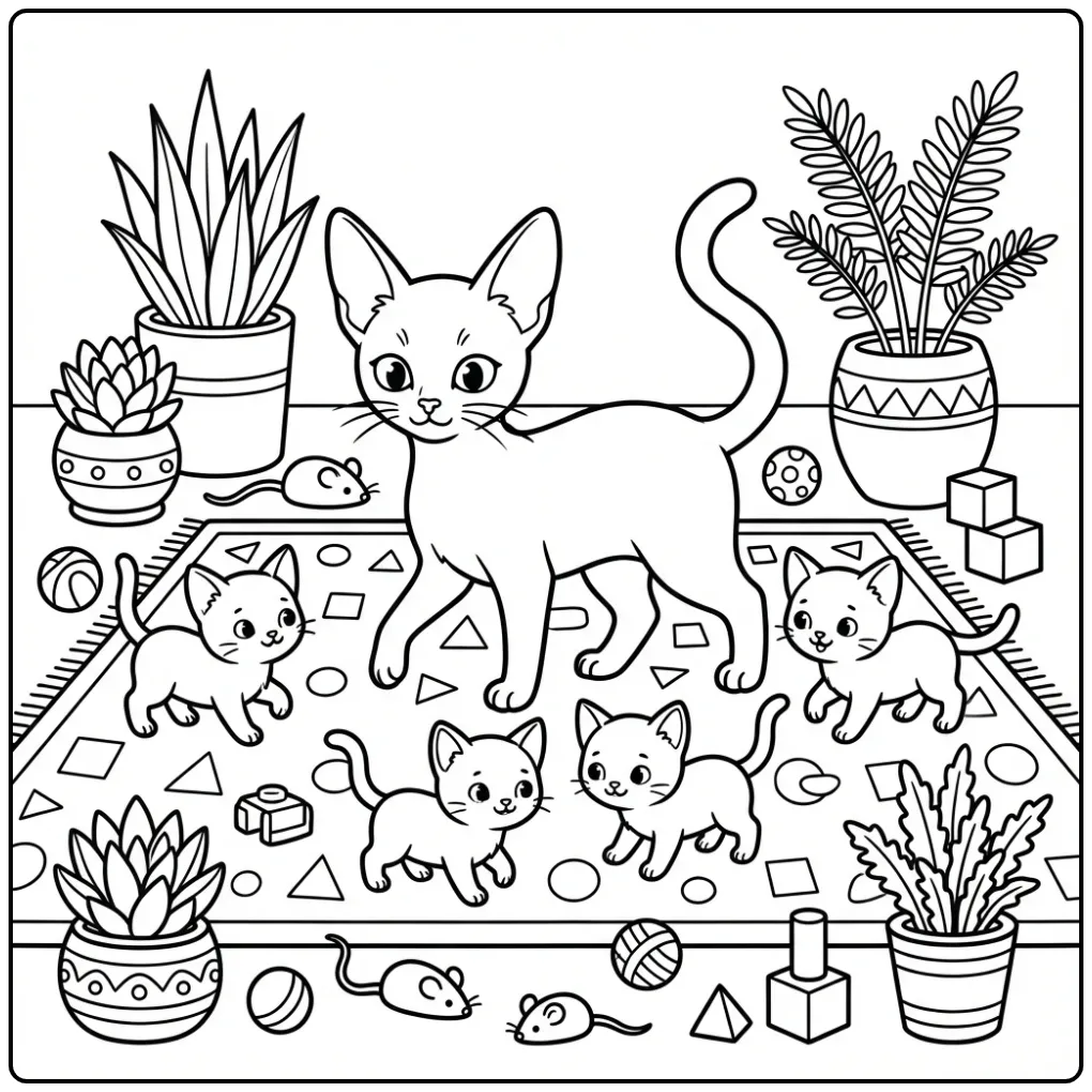Cat with Kittens in a Cozy Living Room coloring page