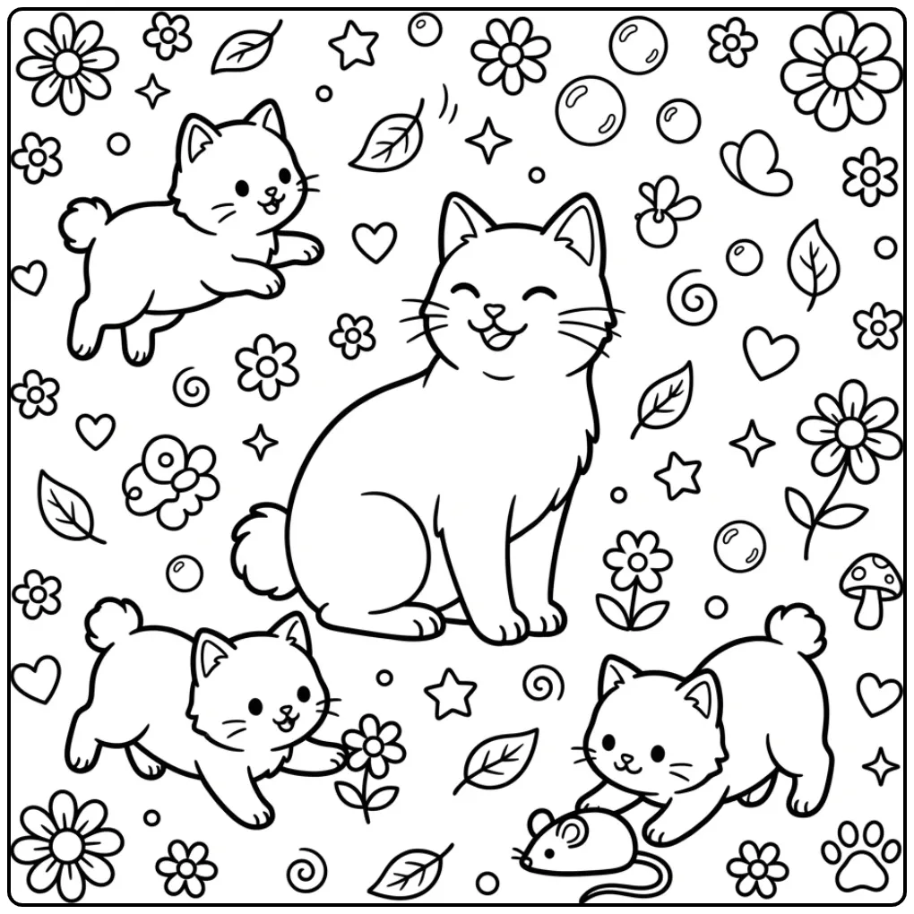 Japanese Bobtail Cat Family with Kittens coloring page