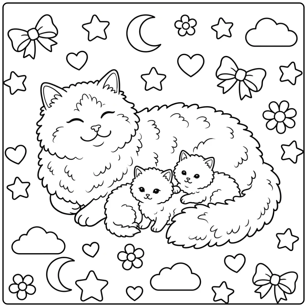 Cat and Kittens with Stars and Bows coloring page