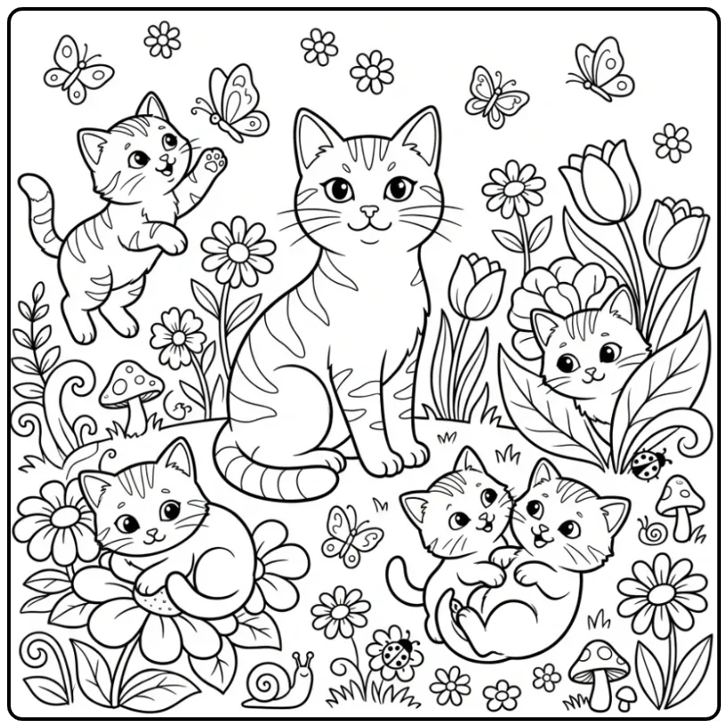 Mother Cat with Kittens in a Flower Garden coloring page