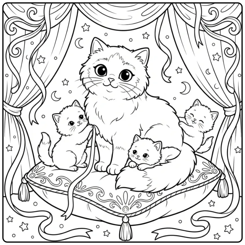 Mother Cat with Her Little Kittens coloring page