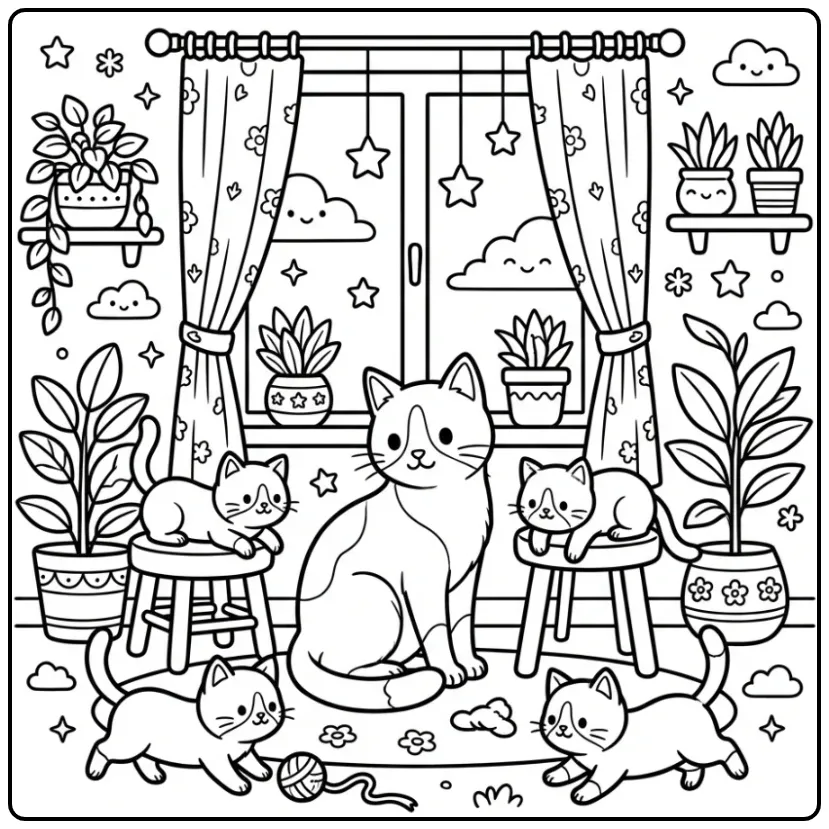 Kittens Playing on a Windowsill coloring page