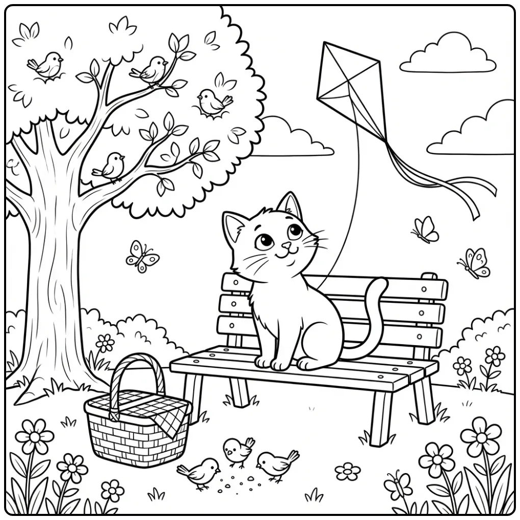 Cat coloring page on a park bench watching a kite