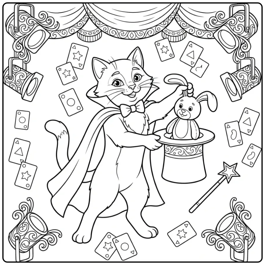 Difficult Cat coloring page magician with top hat
