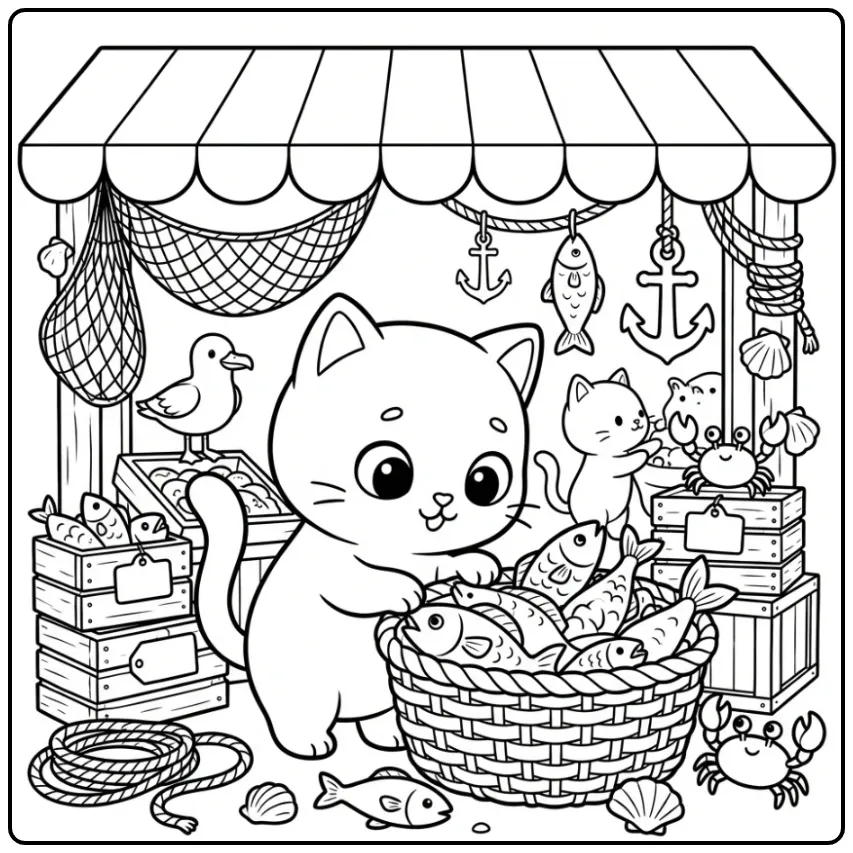 Difficult Cat coloring page with fish baskets