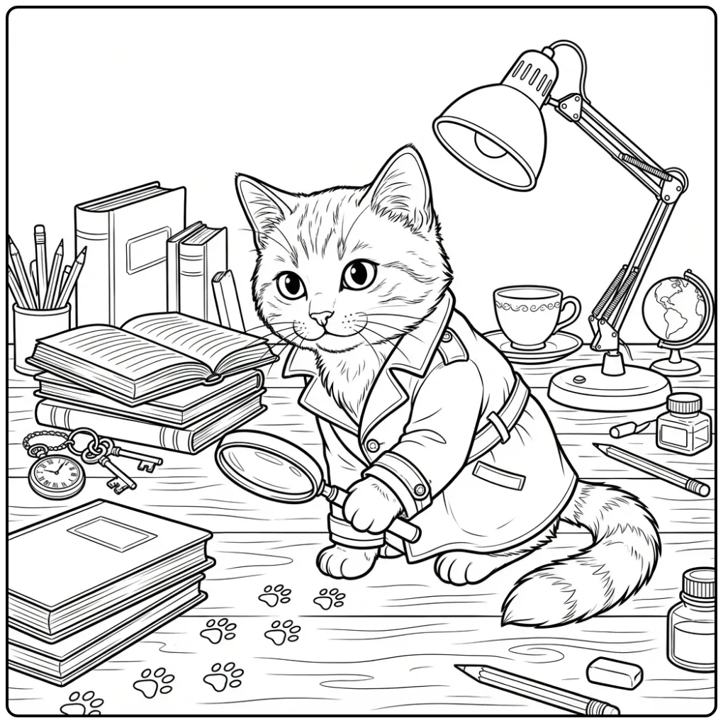 Difficult Cat coloring page with magnifying glass