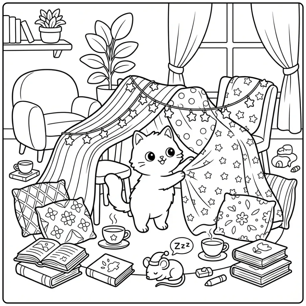 Difficult Cat coloring page building a blanket fort